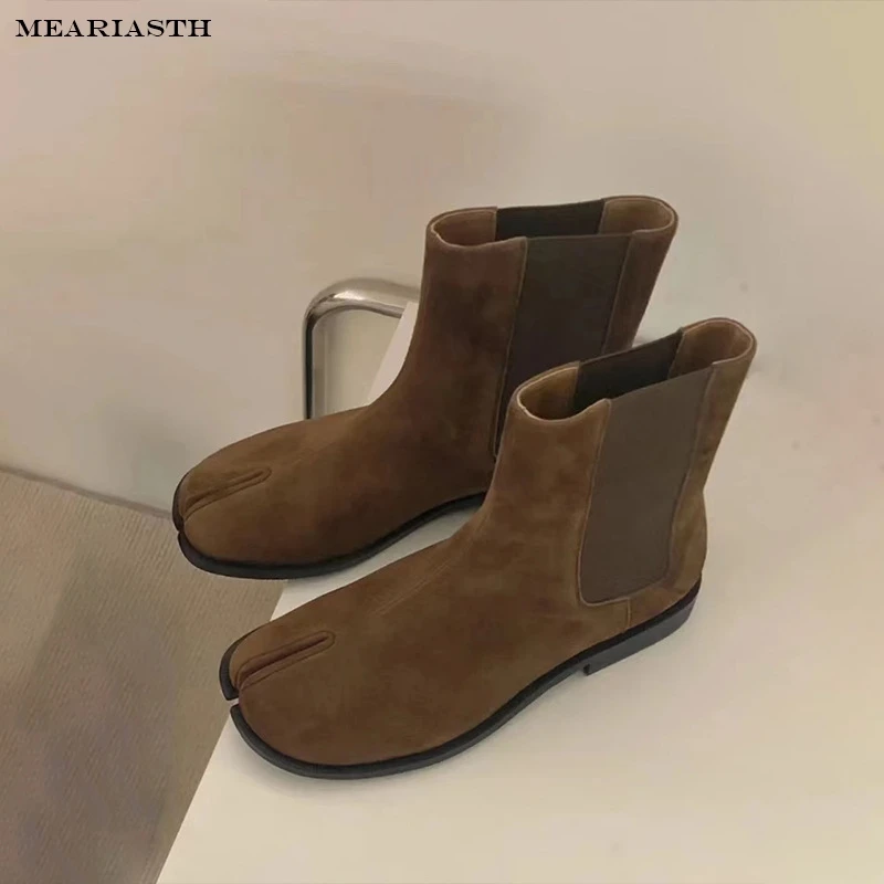 

2023 Stretch Slip On Chelsea Boots Woman Split Toe Low Heels Ankle Botas Feminina Tabi Shoes Winter Patent/Matte Leather Botines