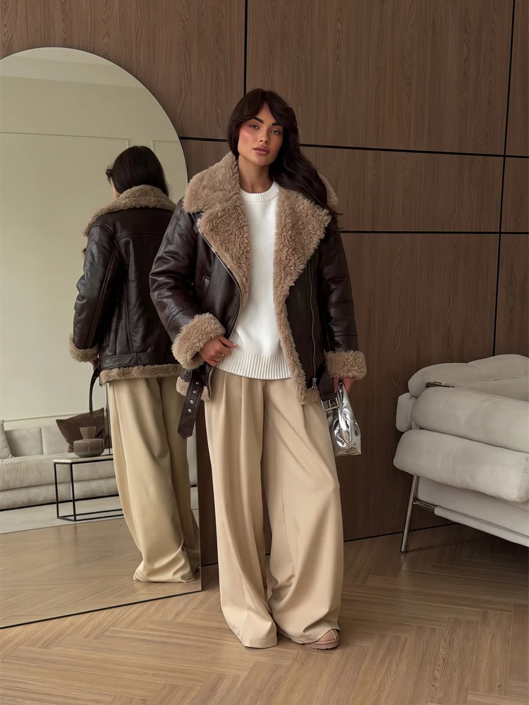 Women Winter Cropped Faux Leather Shearling Biker Coat Oversized Fluffy Fur Collar Asymmetric Zip New Chic Street Outerwear