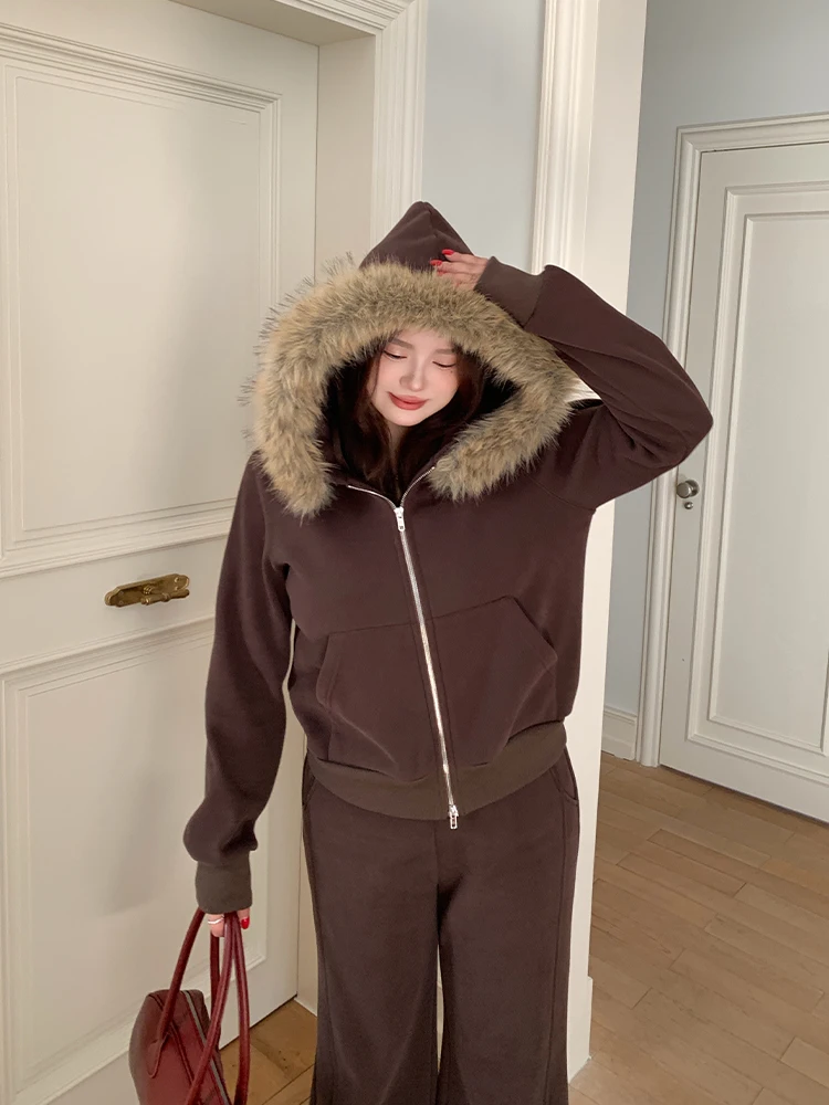 

Повседневная толстовка на молнии с капюшоном и меховым воротником, большие размеры, осенне-зимняя новинка, винтажный стиль, комплект верхней одежды для отдыха