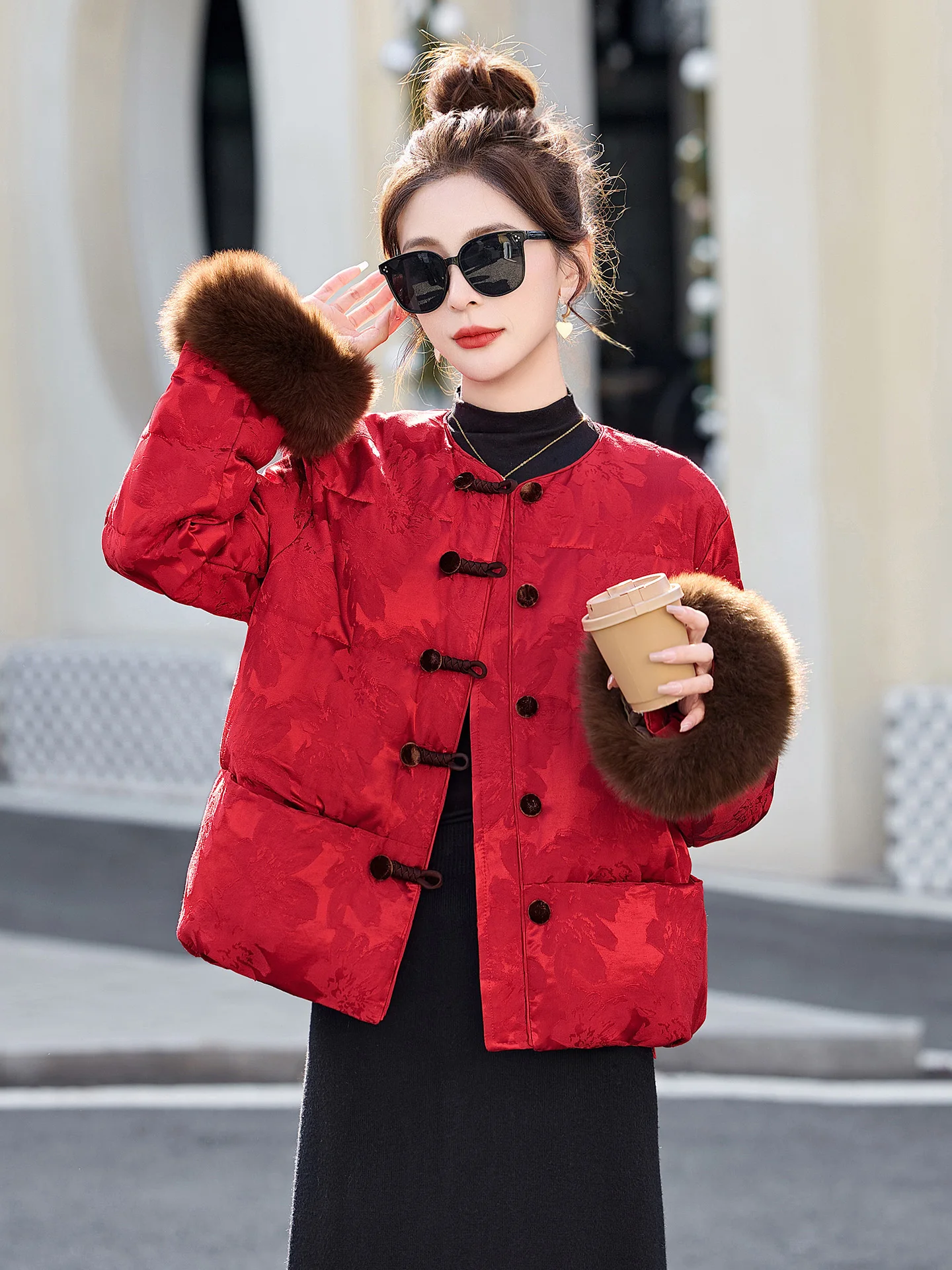 Vermelho chinês sle ort down jaet feminino inverno high end tendência nacional colarinho botão pele sve outerwear