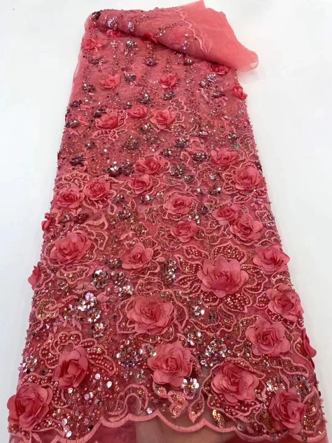 French luxurious 3D embroidered mesh lace sequin wedding beads, high-quality African fashionable design Nigerian lace dress