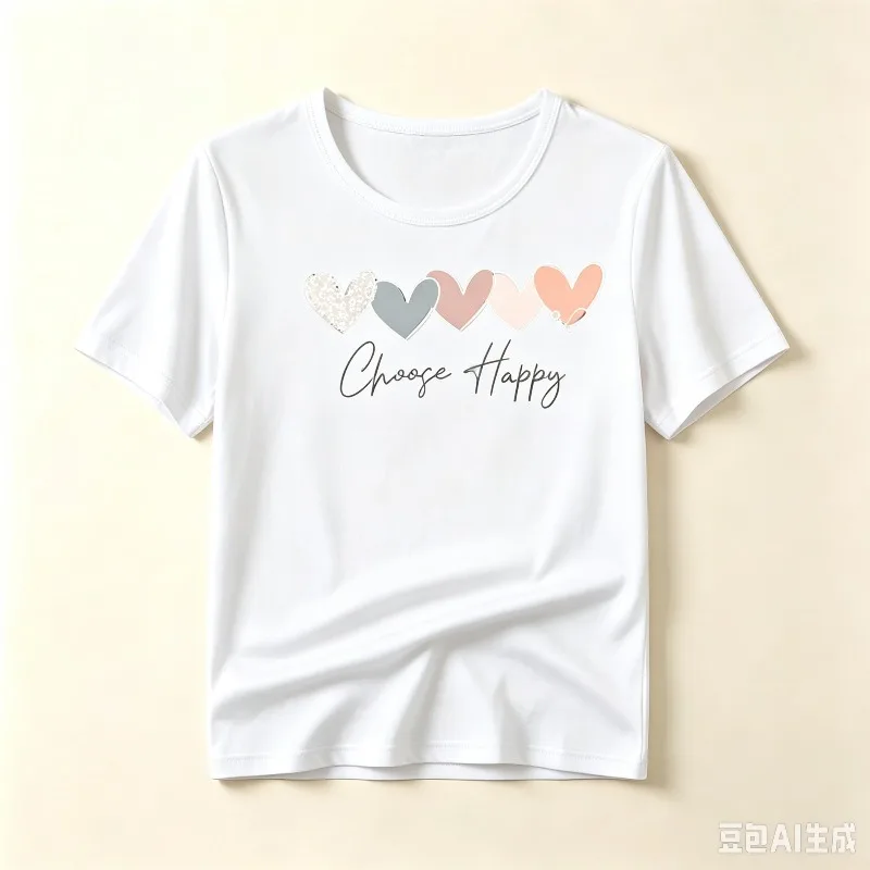 Choose Happy Inspirational Heart Graphic Tee Modal Crewneck For Casual Relaxed Women Daily Party Weekend Outdoor Street Wear Top