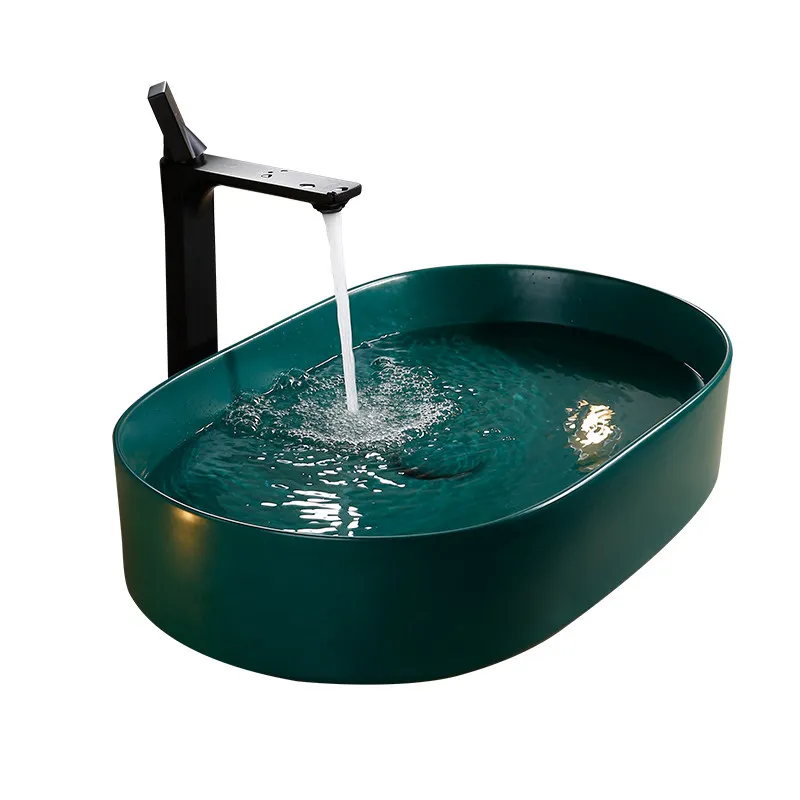 

Matte green oval ceramic countertop basin balcony bathroom face wash sink basin