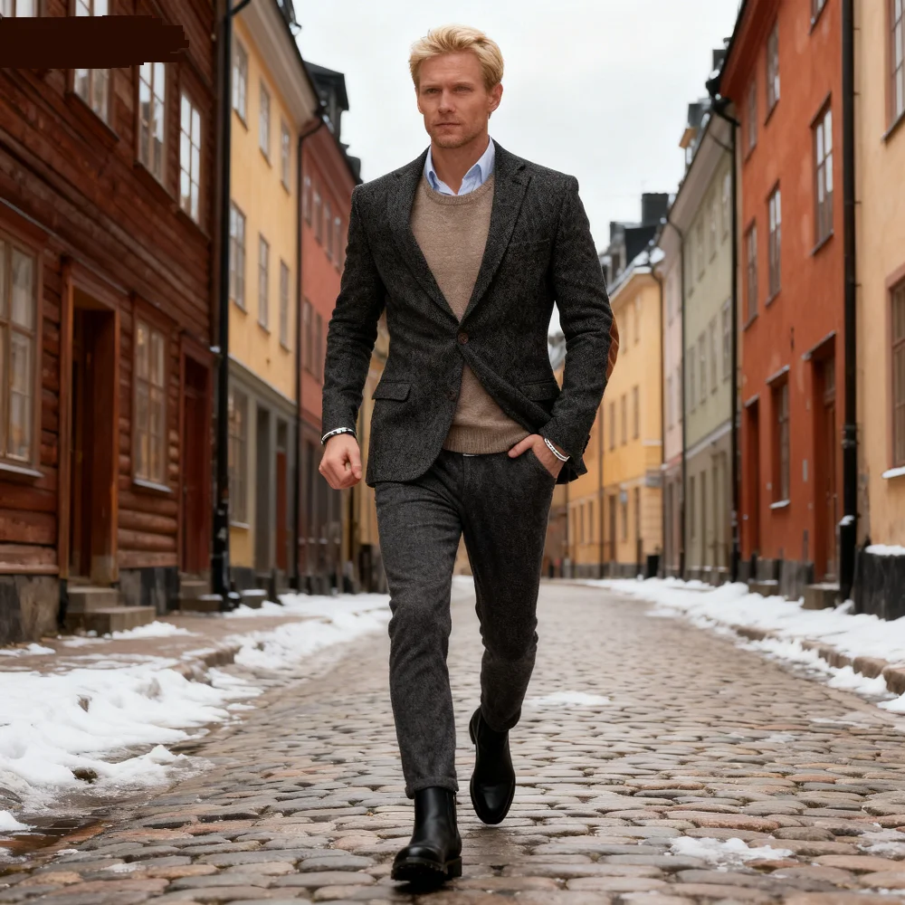 

Men's Brown Fish Spine Blazer 1-Piece Lapel Embossed Office Business Winter Terno Jacket Casual Outerwear