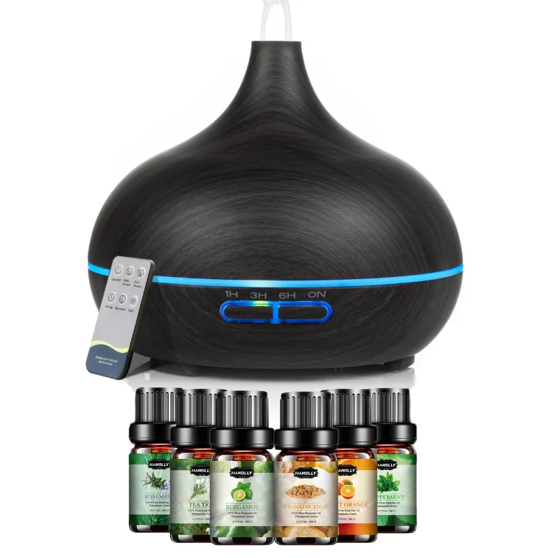 

550ML Large Essential Oil Diffuser with 6 Oils, Remote Control, 7-Color LED, Humidifier for Spa, Yoga, Bedroom, Perfect Father
