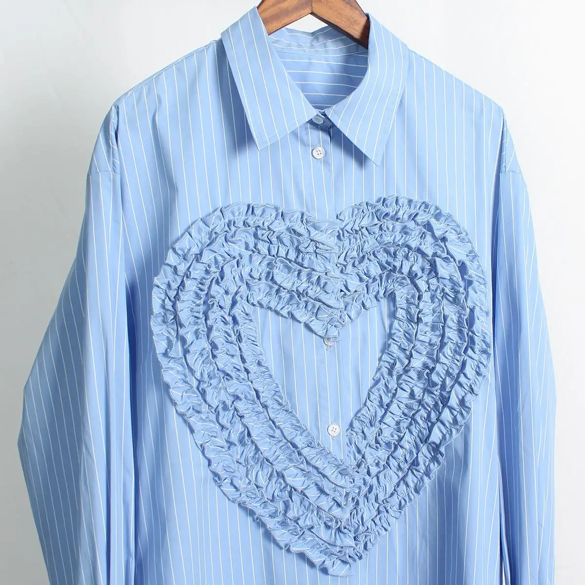 

Blue Striped Heart-aped Long Women's irt Commute Sle Cotton 00% Spring Season Sve Long irt