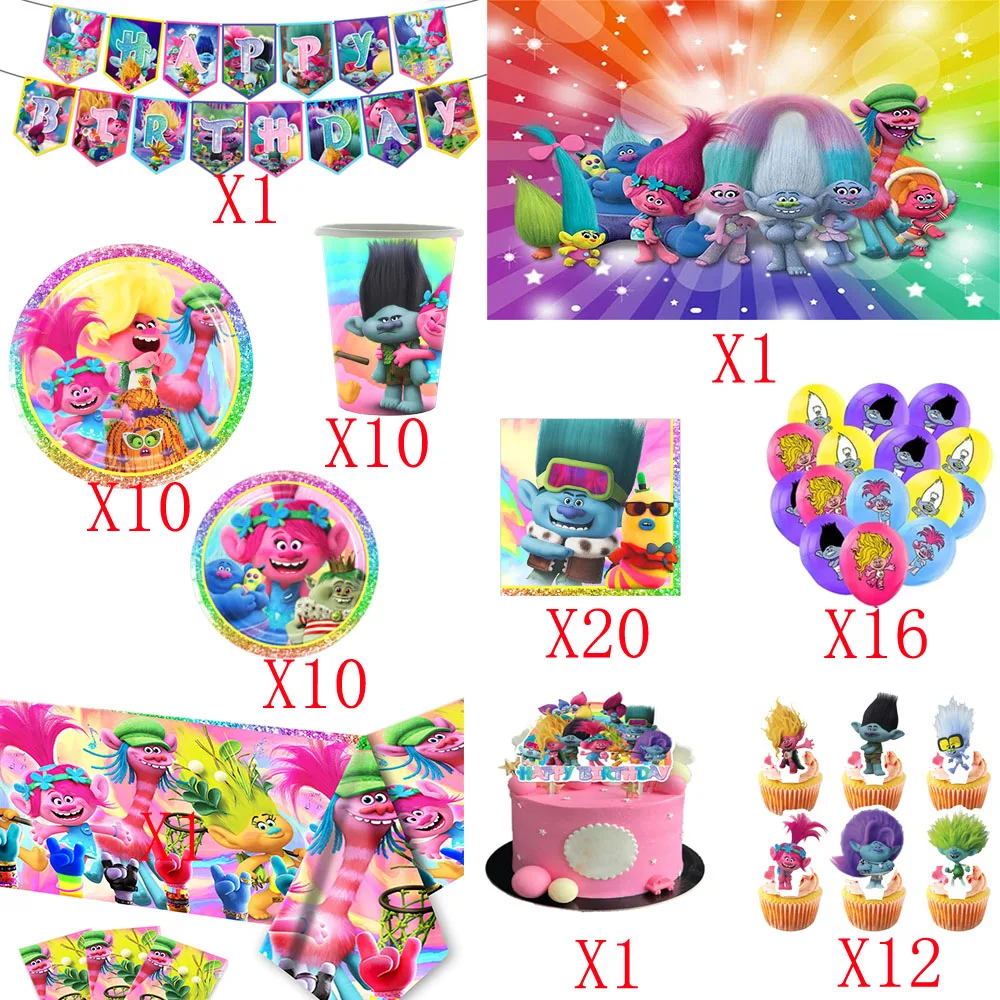 TROLLS Magic Hair Elf Theme Decor Kid Birthday Supplies Cake Topper Cup Plate Tablecloth Background Gift Bag Banner Party Favors