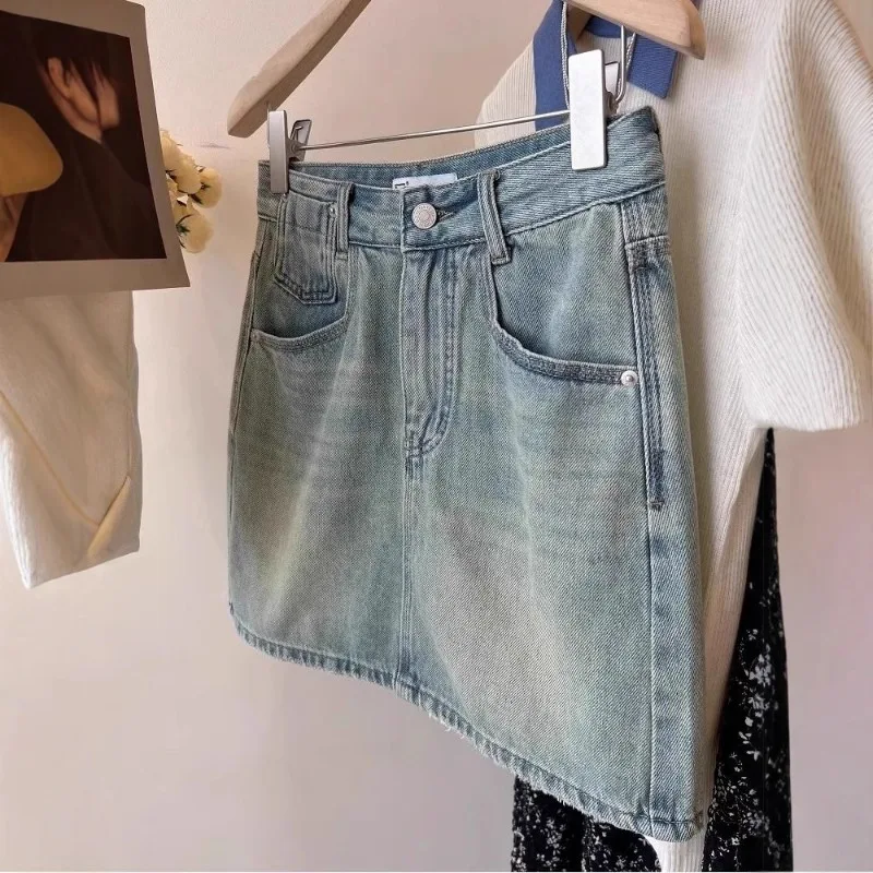 

Summer New Womens Vintage Denim Skirts Korean Fashion High-Waisted Slim Mini Skirt Woman Elegant All-Match A- Line Bodycon Skirt