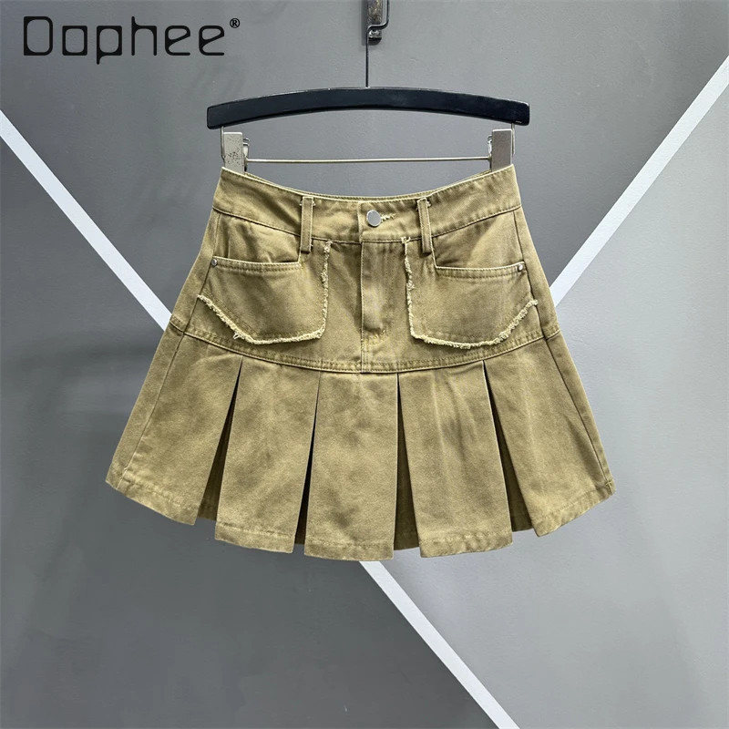 Raw Edge Denim Pleated Skirt Pocket High Waist A Line Mini Skirt Women Summer New Jeans Skirt Solid Vintage Female Trend