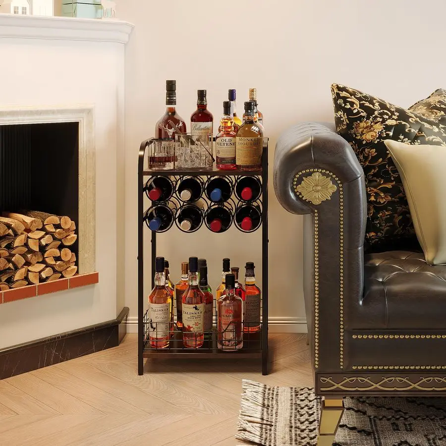 Meja Bar Anggur 3 Tingkat, Rak Botol Minuman Keras Kecil dengan Rak Anggur 8 Botol, Kabinet Bar Anggur Mini, Rak Pajangan Wiski Sudut, Rak Lantai