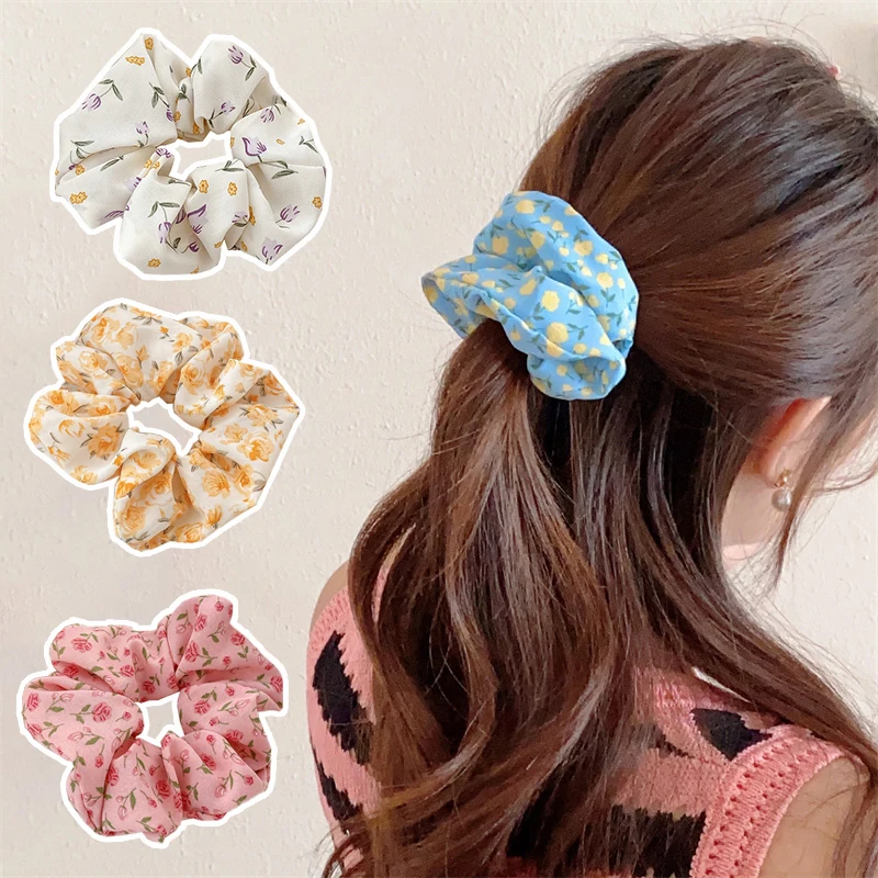 High Elastic Large Intestine Hair Ring Tulip Rose Flower Hair Rope Floral Printed Hair Scrunchies Ponytail Holder Rubber Band