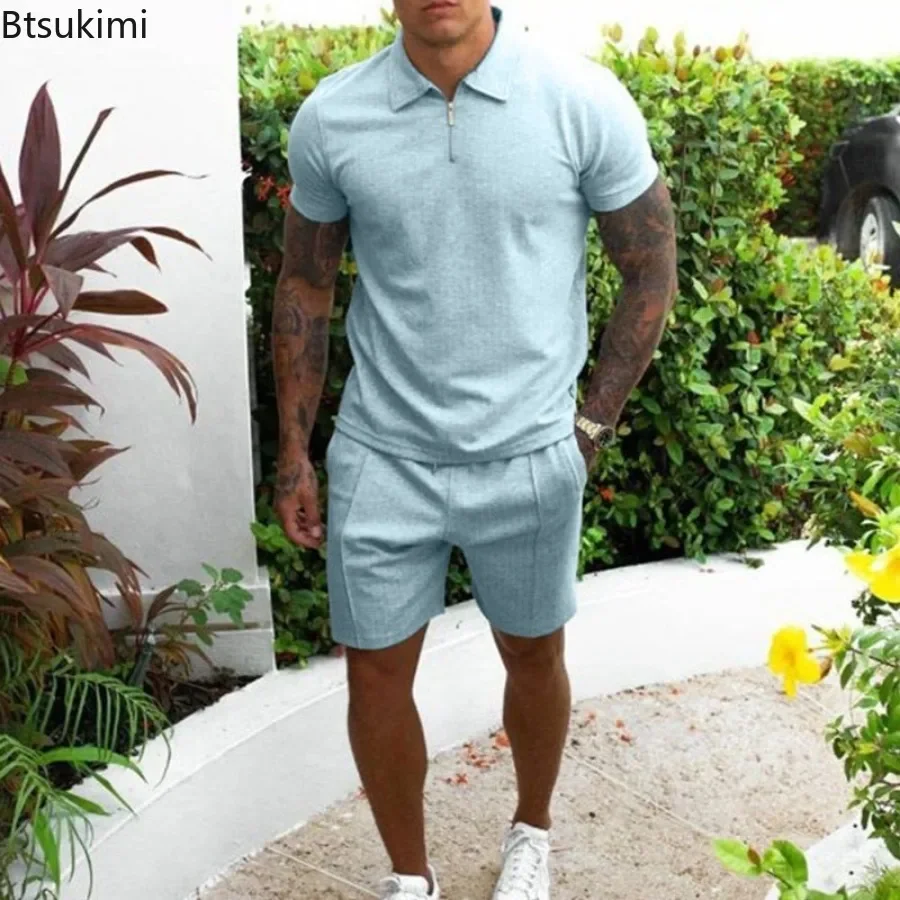 2024 Men's Summer Casual Sets Solid Simple 2 Piece Sets Short Sleeve Zip Pullovers+Shorts Sets Fitness Jogger Tracksuit for Men