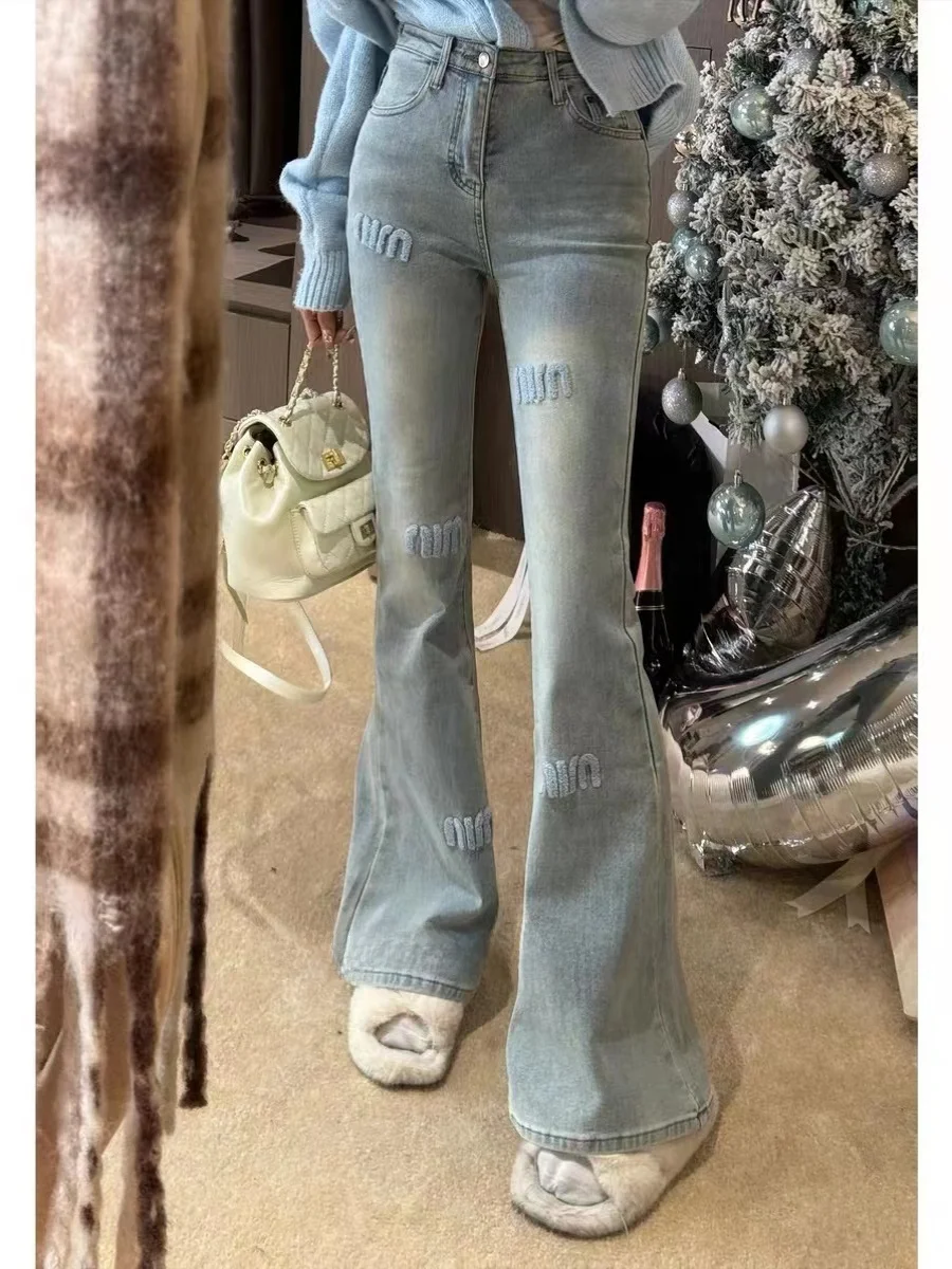 

High Waist Bell Bot Embroidered Jeans Women's Summer New Small Size Slimming Long Cotton Elastic Casual Faion Jeans