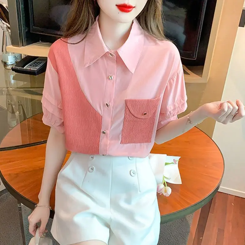 2024 New Summer Young Style Chiffon Short Sleeved Blouses Loose Patchwork Polo Collar Folds Pocket Beading Women\'s Shirt Top