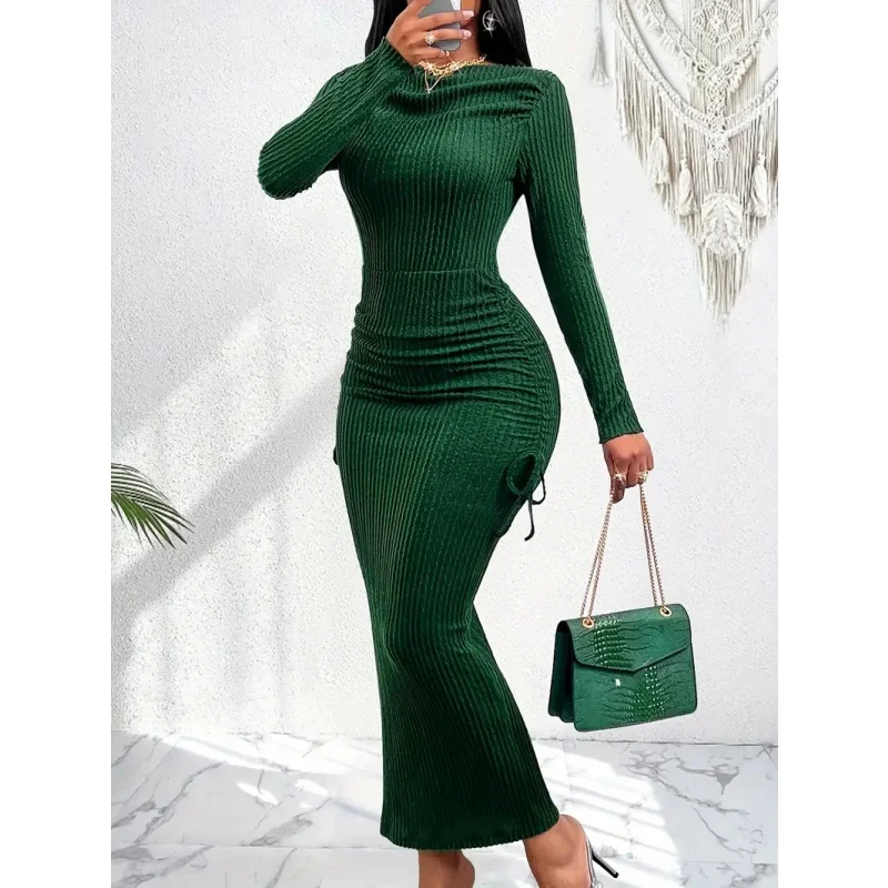 Damen-Midikleid mit schulterfreiem Schnitt, langen Ärmeln, figurbetontem Schnitt, strukturierter Strickoptik, geraffter Taille, seitlichem Kordelzug, schmaler Passform, für Partys und Abendveranstaltungen, Dropshipping – Detail 2