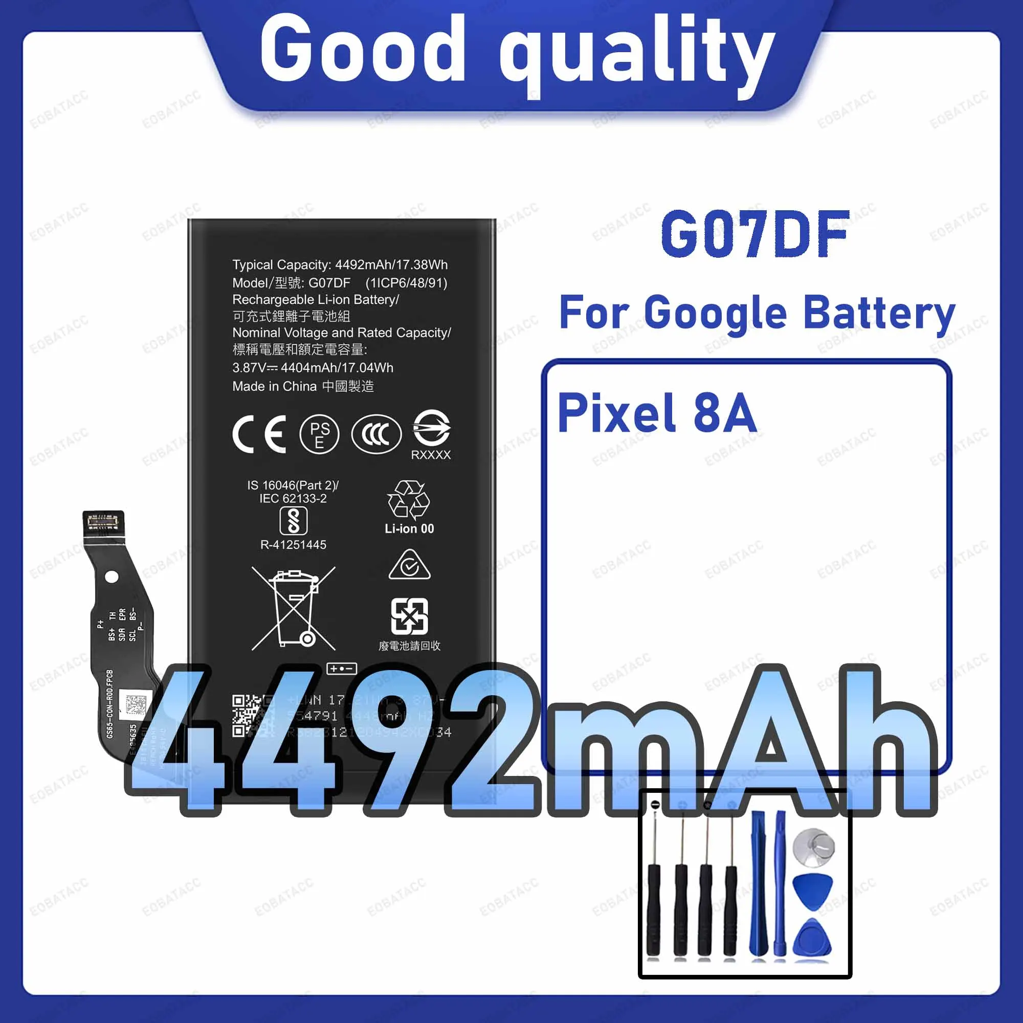 4492mAh G07DF Replacement Battery for Google Pixel 8A with Repair Tools Kit