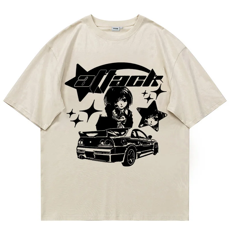 Oversized T-Shirt Men Y2k Tops Cotton  Print Car Summer Harajuku Streetwear Graphic Short Sleeve Tee Vintage Aesthetic Clothing