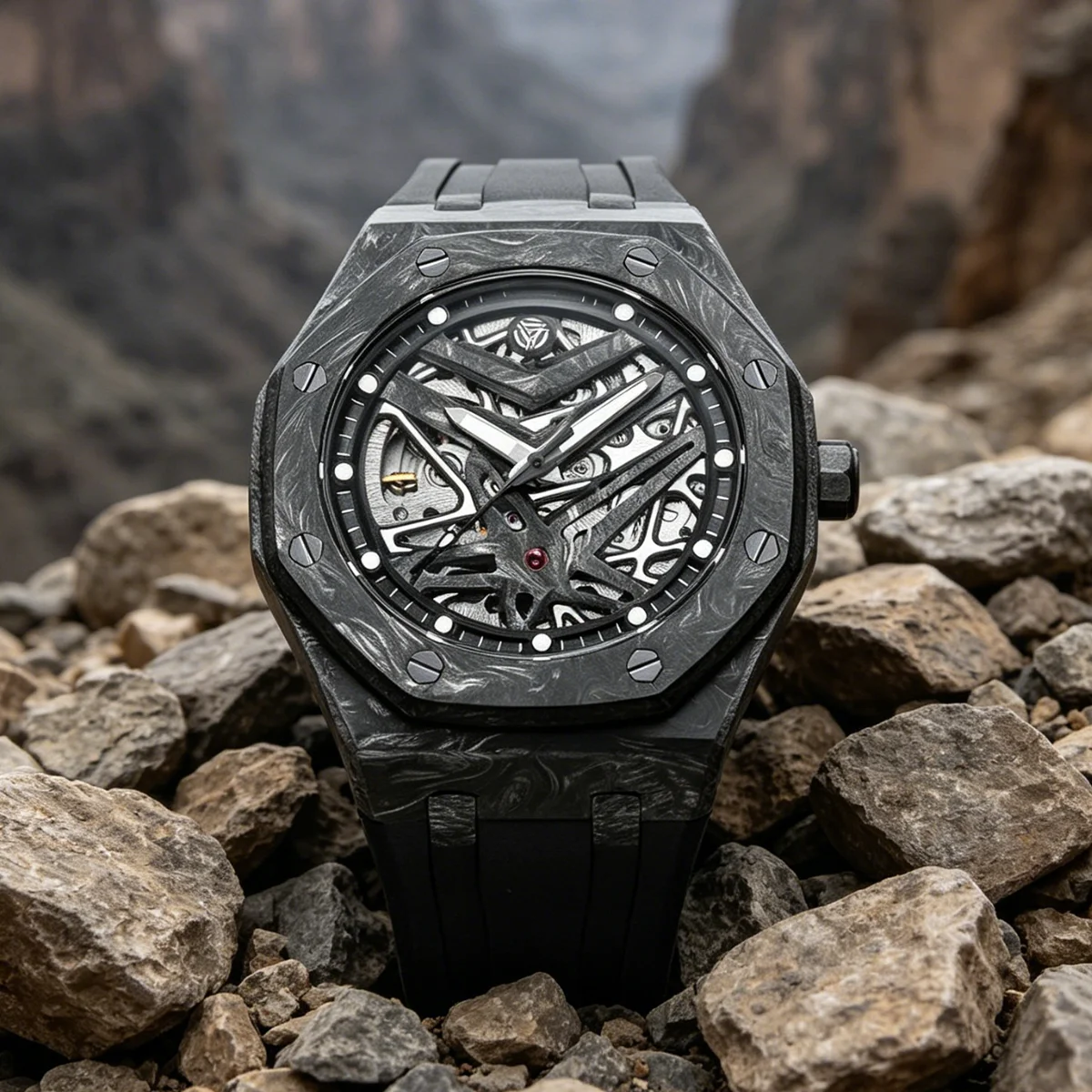 TIMETOKEN Men Automatic Mechanical Watch Carbon Fiber Octagon Case Full Skeleton Dial Waterproof Sport Wristwatch Reloj T577