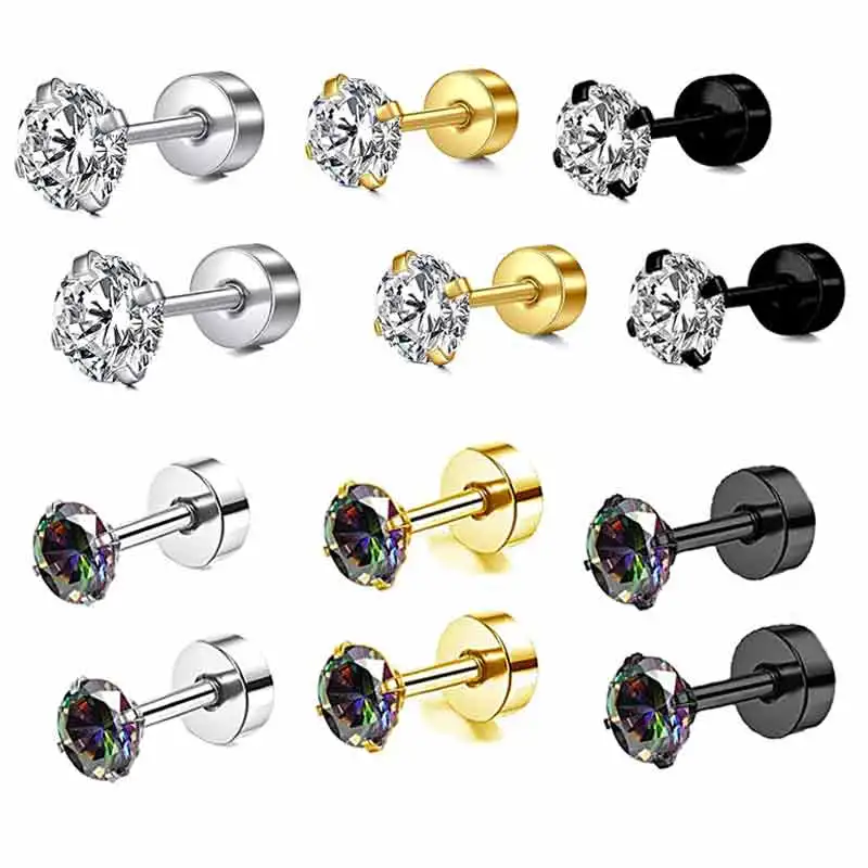 wholesales cartilage ear stud flat back screw cz crystal men ear stud clear rainbow color men earrings body piercings