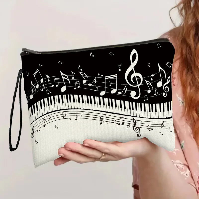 Music Piano Note Print Cosmetic Bag Portable Zipper Storage Pouch Breathable Makeup Coin Stationery Wash Bag Makeup Pouch