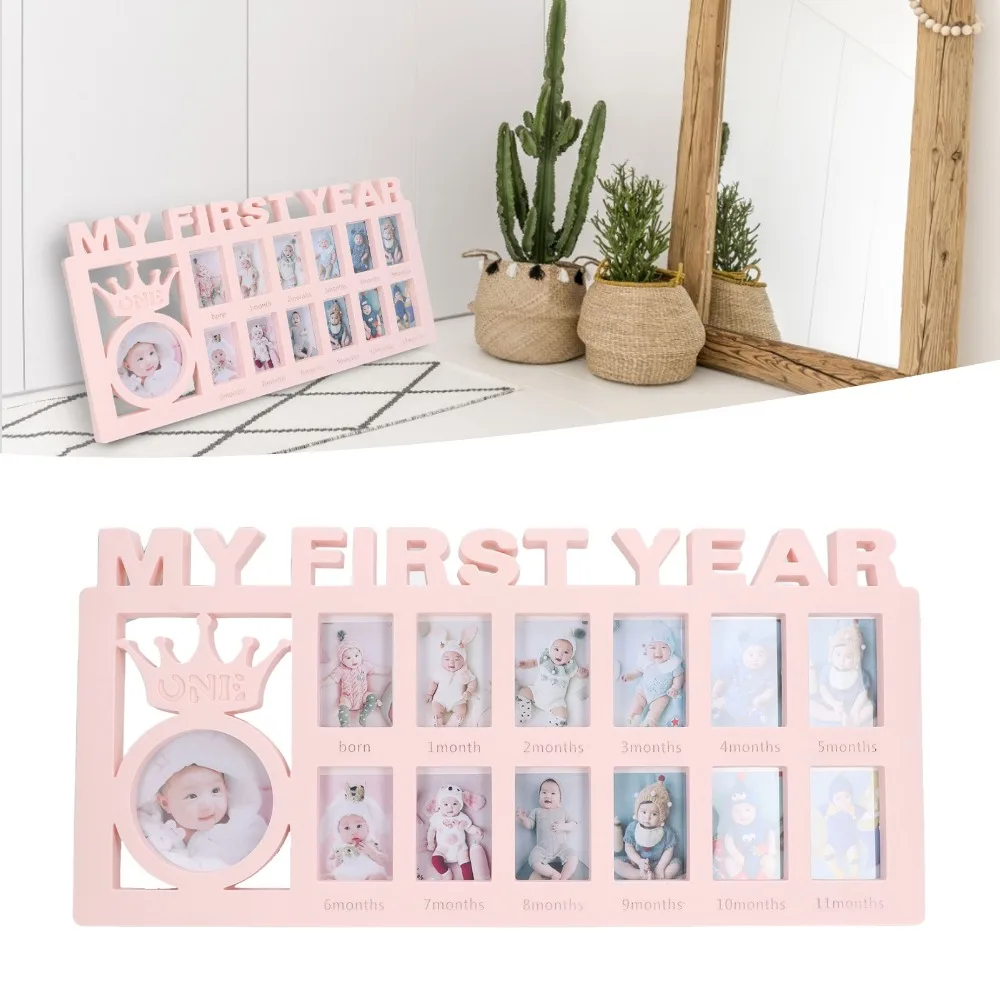 Plastic Growth Frame 15.55*7.6 in 12 Small Frames Monthly Photo Frame Cartoon Crown Style 13 Photo Inserts Newborn Memory Frame