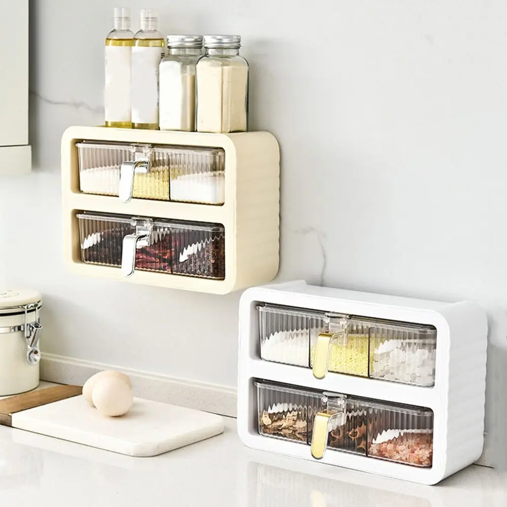 

Plastic Wall Mounted Salt Seasoning Rack Self-adhesive Wall-mounted Spice Rack Moisture-proof Space Saving Sugar Bowl for Home