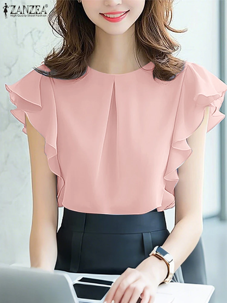 

ZANZEA 2025 Элегантная офисная рубашка, женская летняя блузка, стильная туника с короткими рукавами и рюшами, топы, повседневные однотонные блузки с круглым вырезом, оверсайз