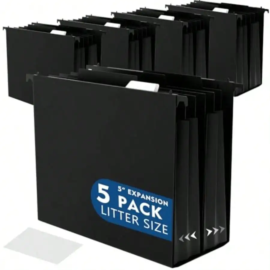 

5 Pcs Plastic Extra Capacity Hanging File Folders 5 Inch Expanding Pocket With Movable Dividers Letter Size Black File Folders With Insertable Tabs For Filing Cabinet