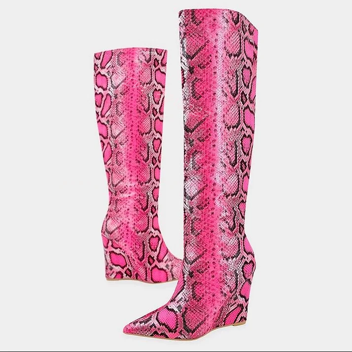 Pink Pointed Toe Snake Embossed Wedge Heel Knee High Boots Sexy Women Dress Party Daily Casual Booties Hot Girl Classic Shoes