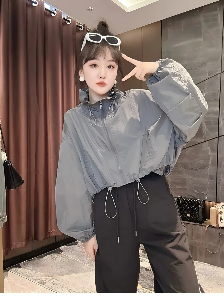 Summer New Fashionable Women's Sun Protection Casual Short Coat Stand Collar Outdoor UV Protection Top Zipper Closure Long Sl...