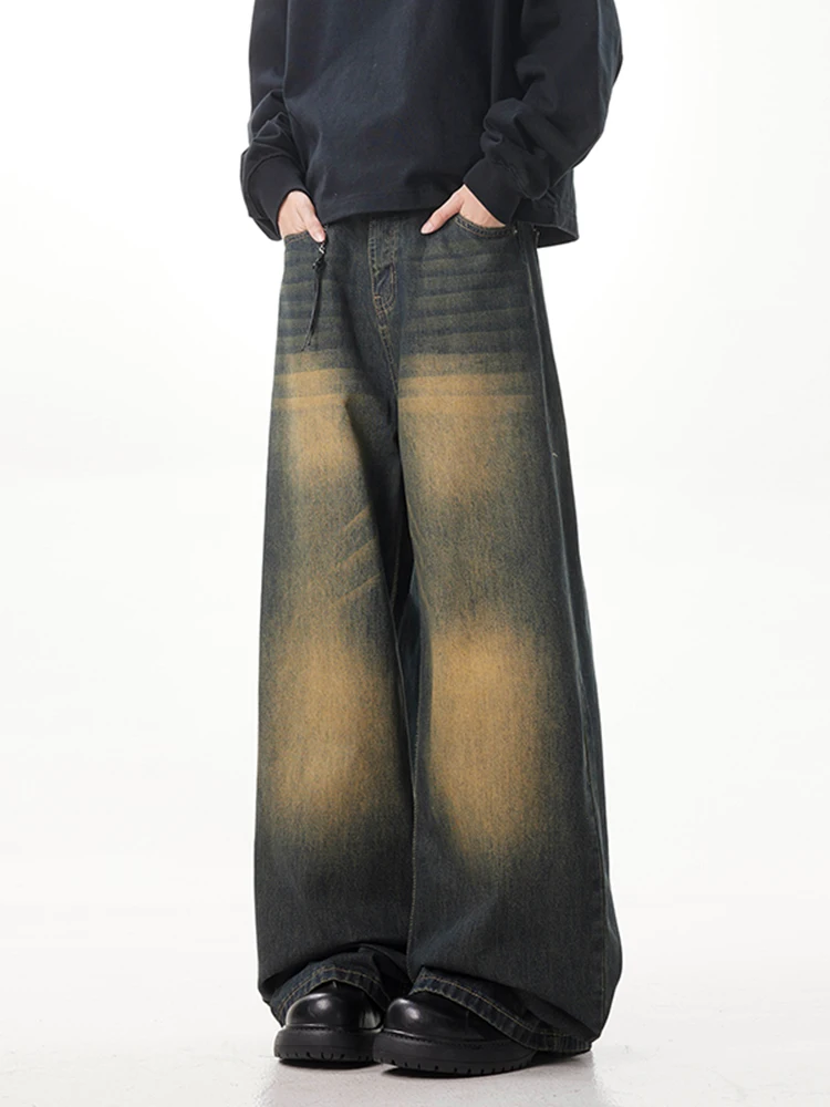 Celana Jeans Retro Adient Knife Pria Model Amerika High Street Waed Wide Leg Panjang Trendy Remaja Straight Loose Fit