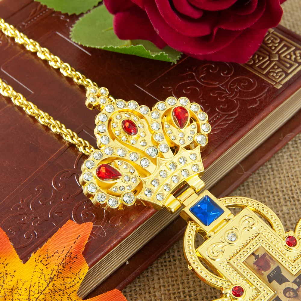 HTISOK Orthodoxes Christliches Kreuz-Anhänger, vergoldet mit Edelsteinen und Strasssteinen, Orthodoxes Geschenk für Pastor, Ostern, Hochzeit, Kirche – Detail 3