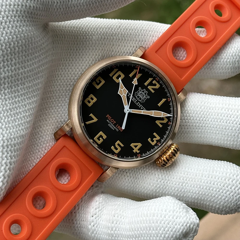 STEELDIVE Men Pilot Watch 46.5mm Bronze Automatic Mechanical Wristwatch Dive 20ATM Waterproof C3 Lume Sapphire NH35 Onion Crown