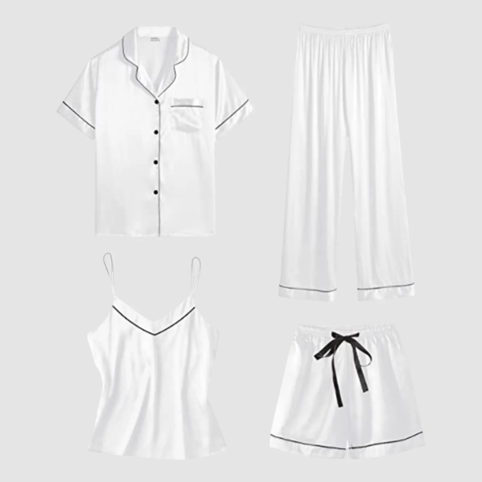 4 pcs Pajama Set Women Satin Silk Sleepwear Pyjamas Summer Nightwear Lapel Shirt With Pants Home Wear Camis Tops Shorts Pijama