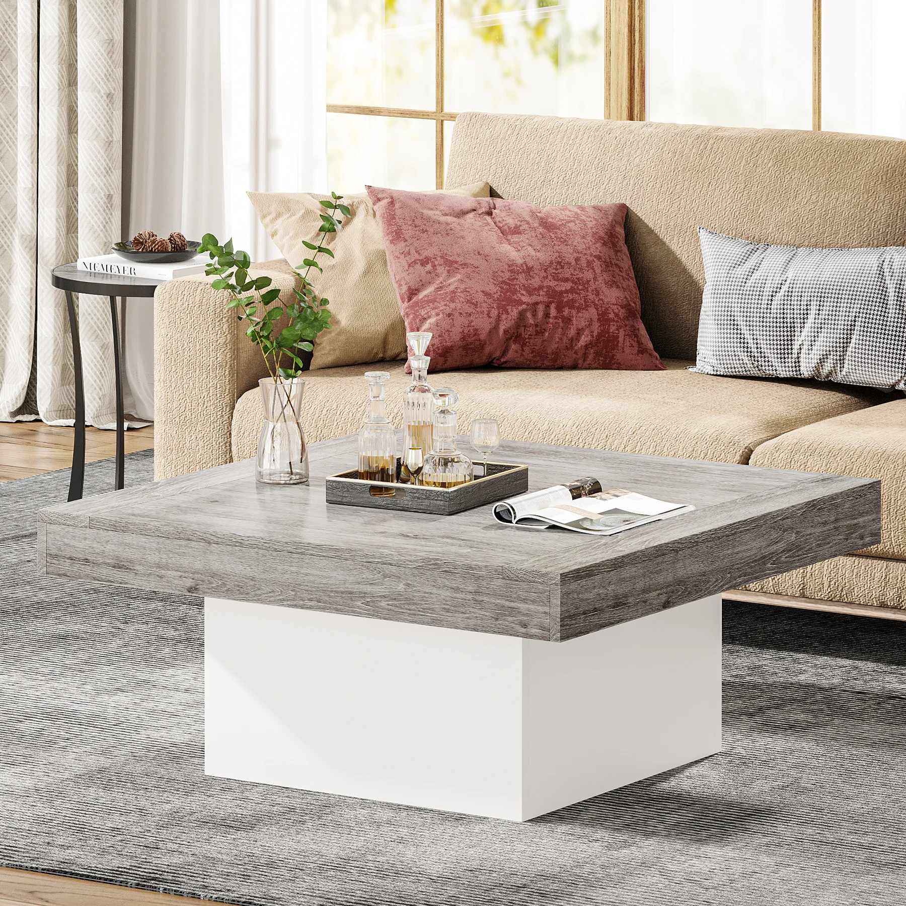 

Tribesigns Square LED Coffee Table Grey and White Engineered Wood Coffee Table Low Coffee Table for Living Room