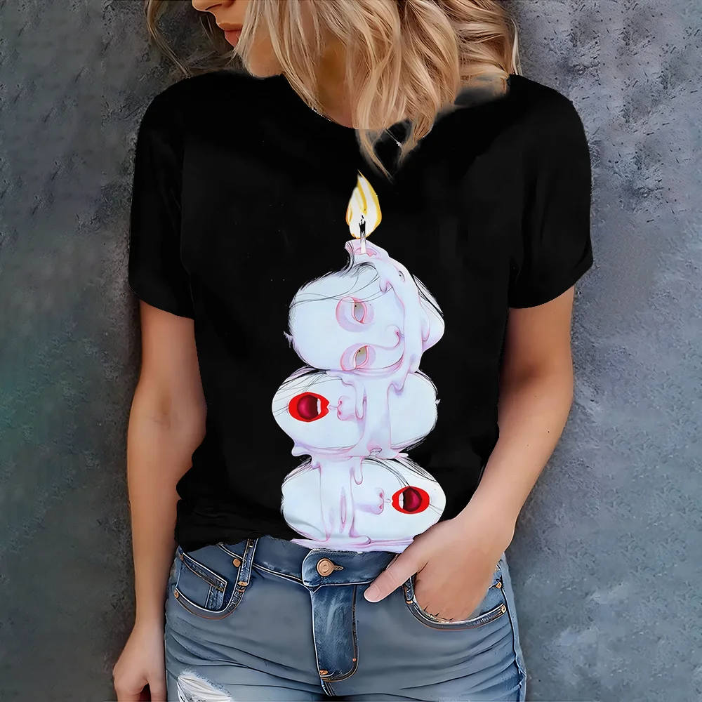 

Women's Black T-Shirt With Dynamic Flaming Cartoon Design Casual Summer Style Round Neck Short Sleeve Top For Daily Wear