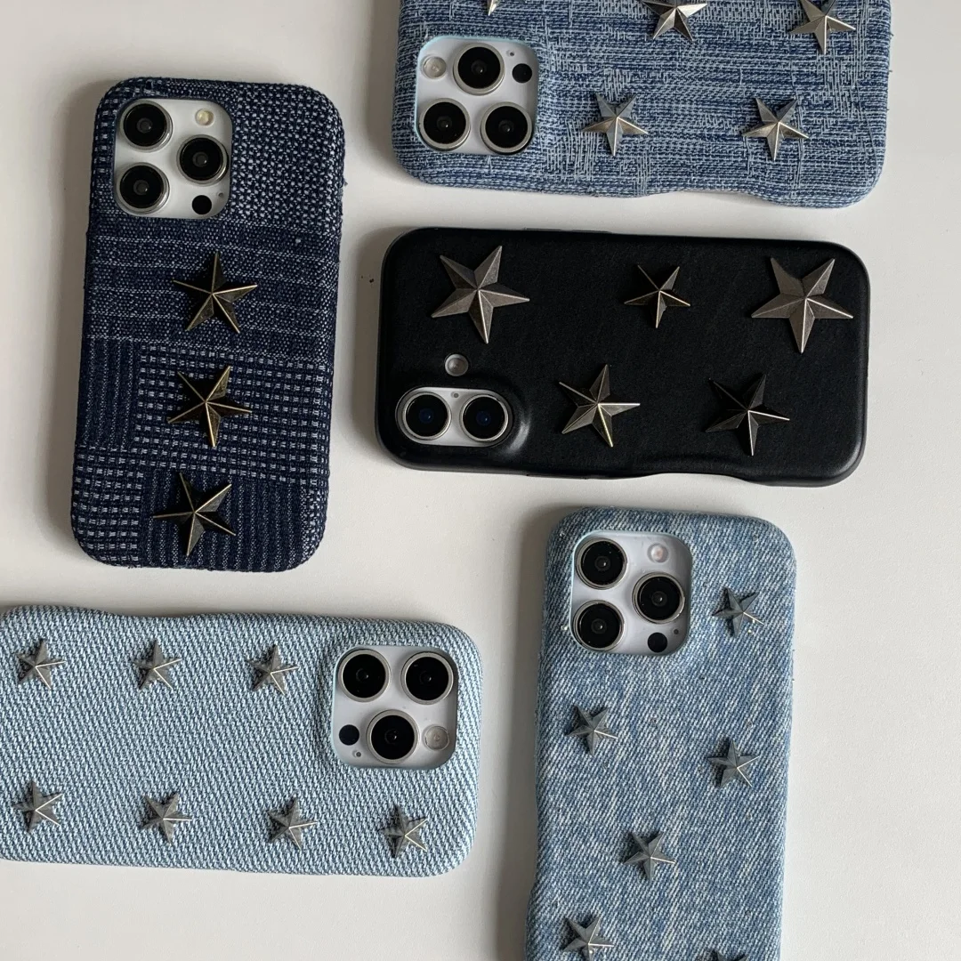 

Luxury Jeans Denim five-pointed star PU Phone Case for iPhone 13 14 15 16 Pro Max cases Pentagram close-fitting pants Cover