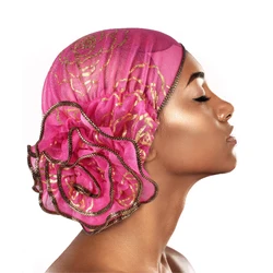 Muslim Islamic Bronzing Flower Elastic Turban Women's Hat Beanie Head Scarf Wrap Chemo Cap Casual Hair Bonnets Hijab Caps