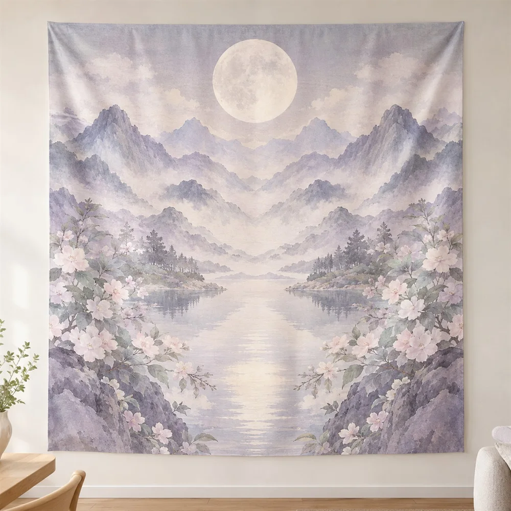 VIKAMA Mountain and Moon Mirror Symmetric Tapestry Wall Hanging, Korean Wall Decor Tapestries for Living Room Bedroom Entryway