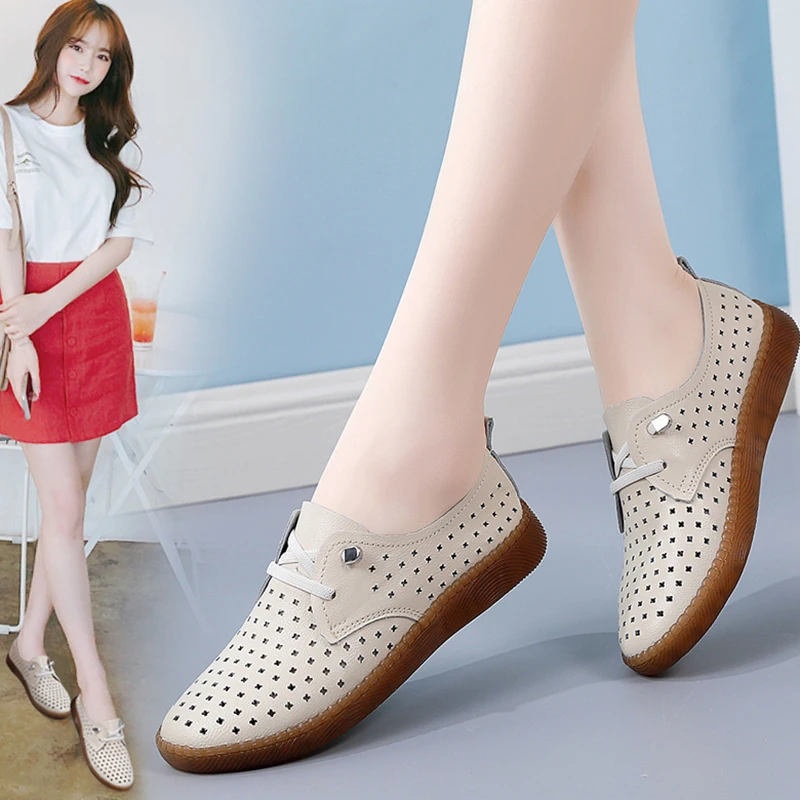 Spring New Soft Bottom White Leather Slip-On Anti-Slip Mom Shoes Casual Leather Flat Shoes