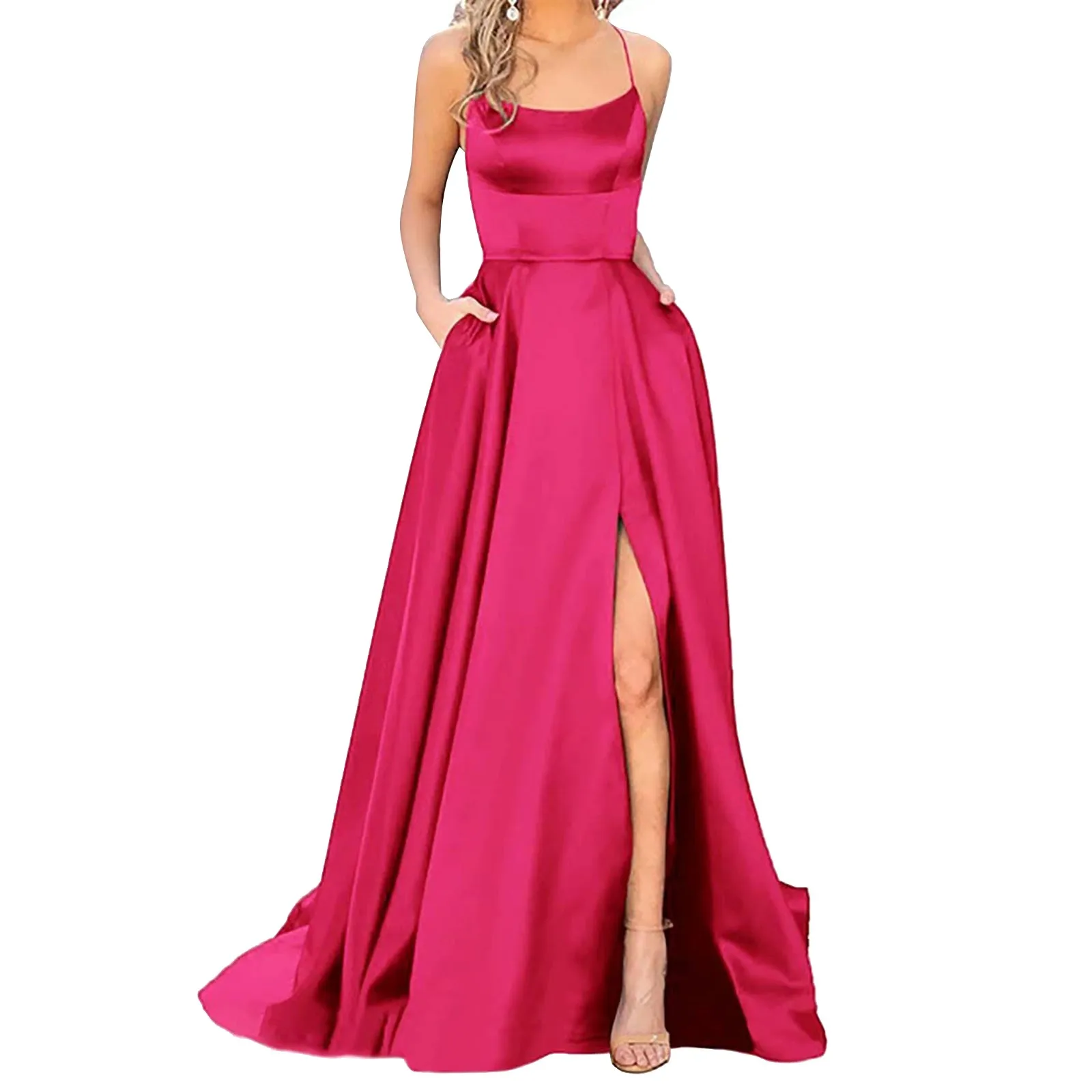 Sexy rücken freie lange Abend Ballkleid lila Seite Slipt Maxi kleid Frauen eine Linie Spaghetti träger Satin Ballkleider formelle Vestido