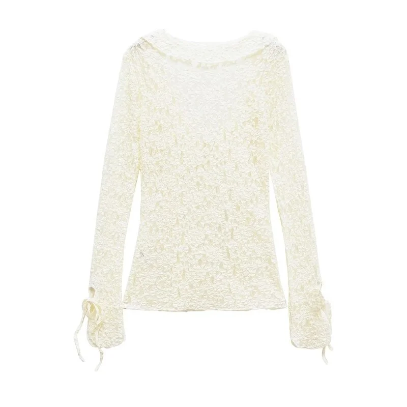 Wiosna 2025 Damska Długa Bluzka z Dekoltem w Serek, Koronkowymi Warstwami i Ozdobami, Modny Design, Uniwersalna, Regularna Długość, Inne Materiały...