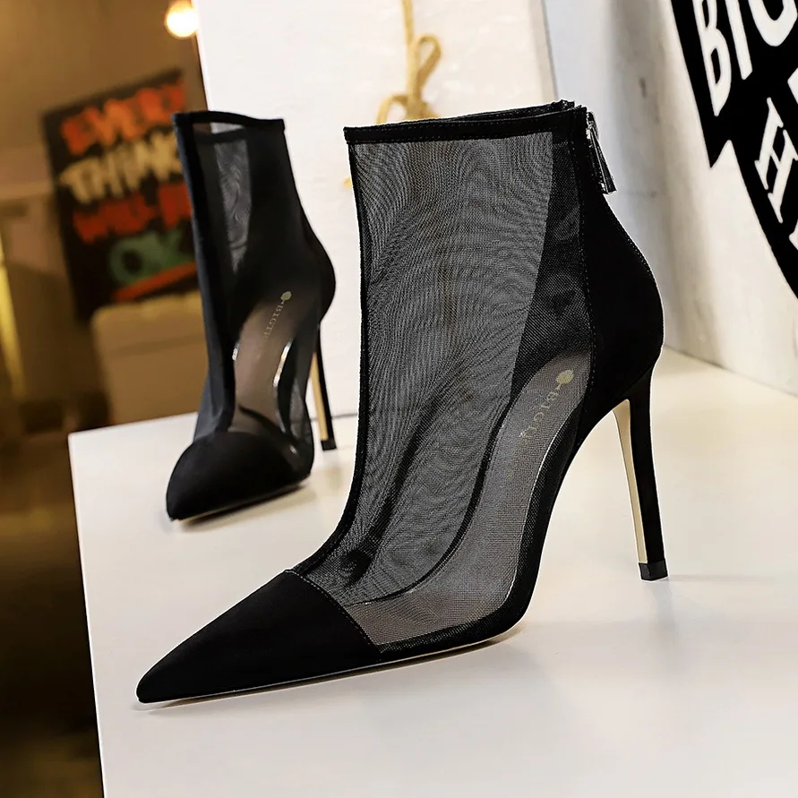 Black Perspective Mesh Sexy Women Boots Autumn Pointy Toe Ladies Breathable Shoes Back Zipper Fashion High Heel Ankle Boot Party