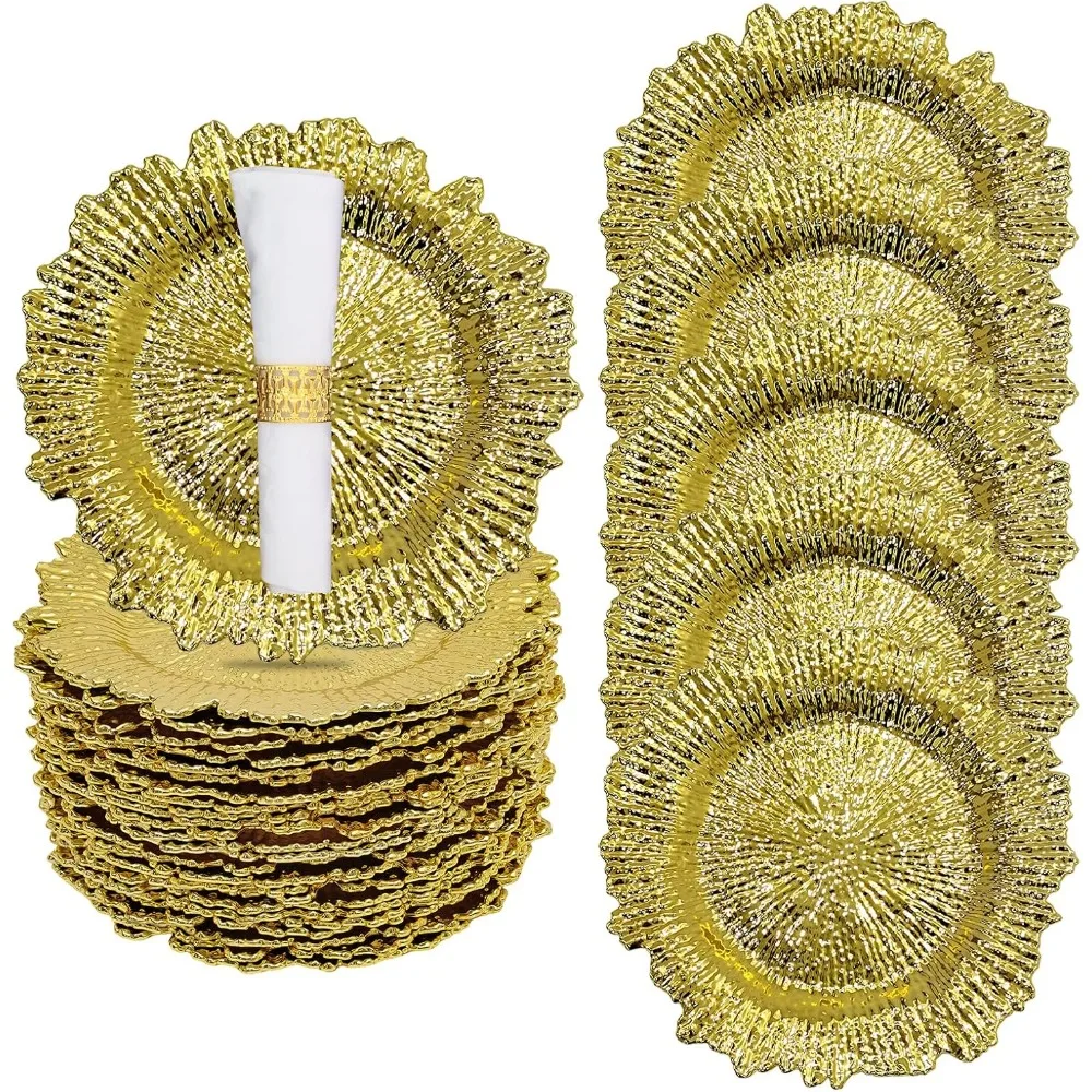 24 Pack Gold Charger Plates Round Plastic Reef Plate Chargers with Flora Reef Design Gold Chargers for Dinner Plates