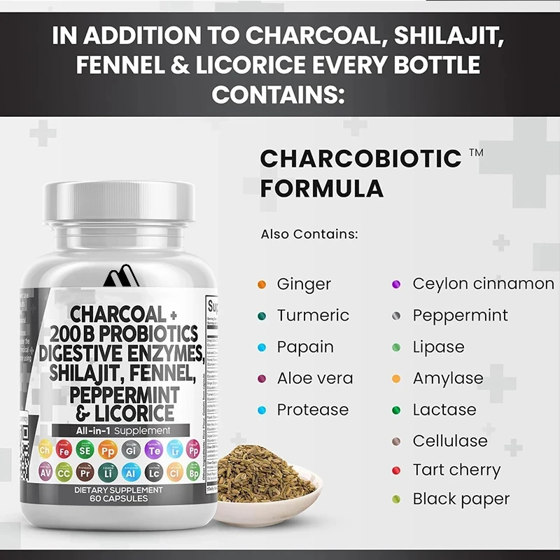 Activated Carbon Capsule Shilajit Pill Probiotics+digestive Enzymes, Peppermint Fennel, Licorice, Papain, Turmeric