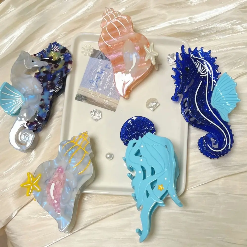 

Elegant Ocean Series Hair Claw Acetic Acid Korean Style Shell Hair Claw High Ponytail Clip Beach Headwear Geometry Shark Clip
