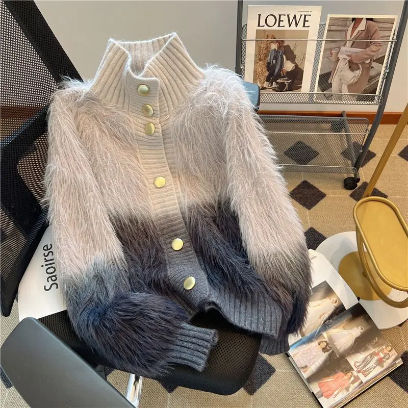 

Korean Fashion Gray Imitation Mink Plush Sweater Women's Retro Gradient Soft Knitted V-neck Cardigan Top Spring Autumn New Thick