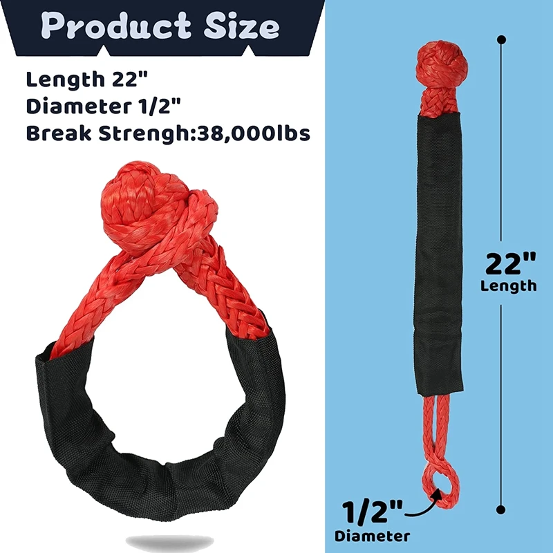 2PCS 1/2Inch X 22Inch Traction Recovery Strap Soft Hook And Loop Rope Synthetic Recovery Strap 43000LBS Breaking Power Red