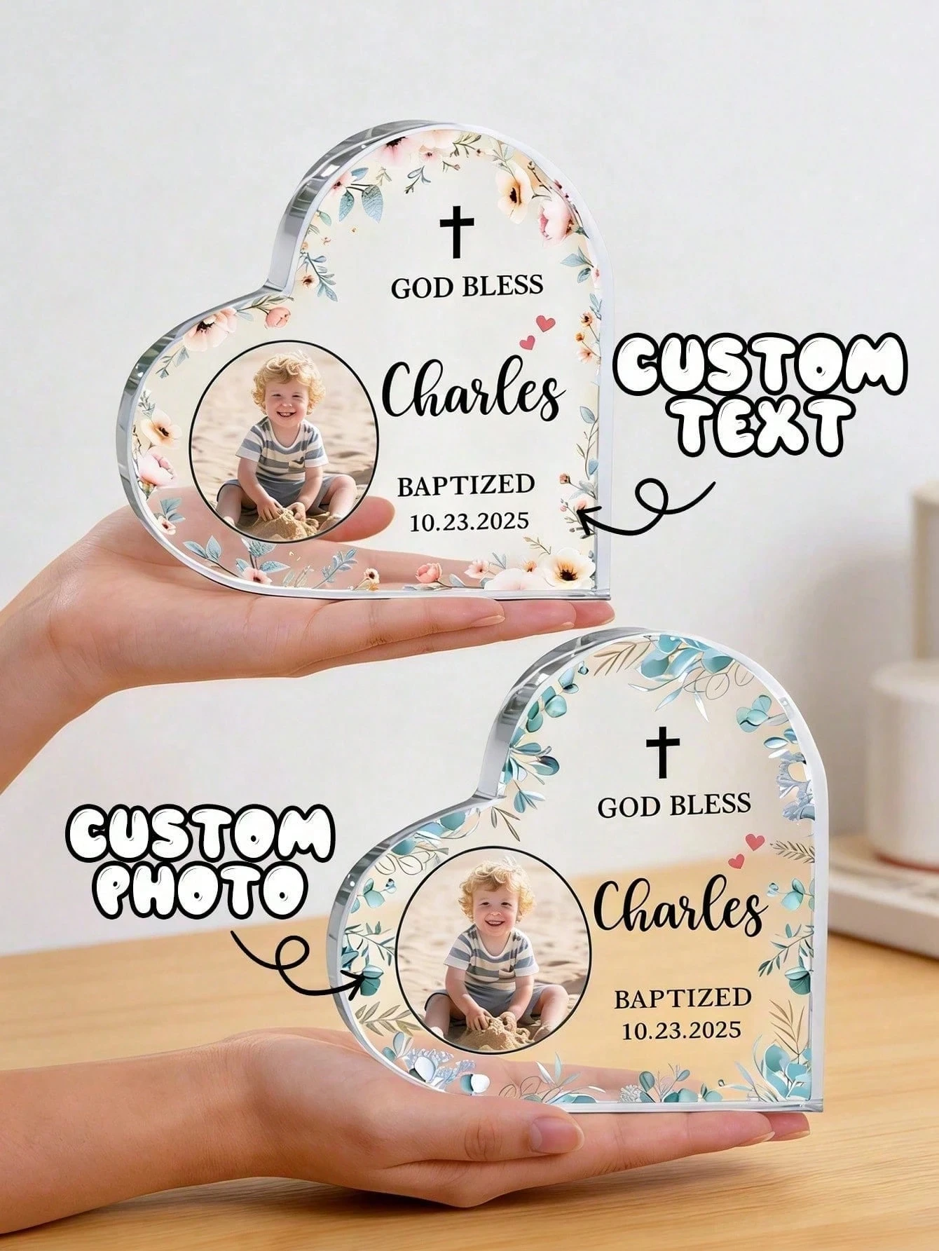 Custom 1pc Heart-Shaped Baptism Plaque, Heart-Shaped Acrylic Photo Frame Decor, Acrylic Photo Frame Ornament, Family Photo Frame