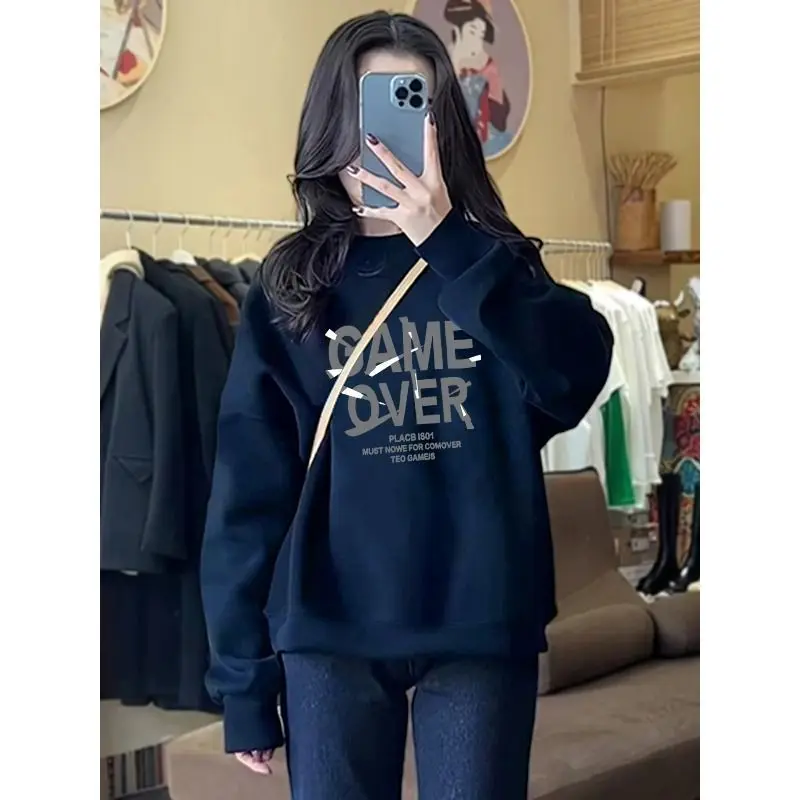 Autumn and Winter Women\'s Crew Neck Long Sleeves Printing Loose Pullovers Korean Hoodies Fashion Casual All Match Tops